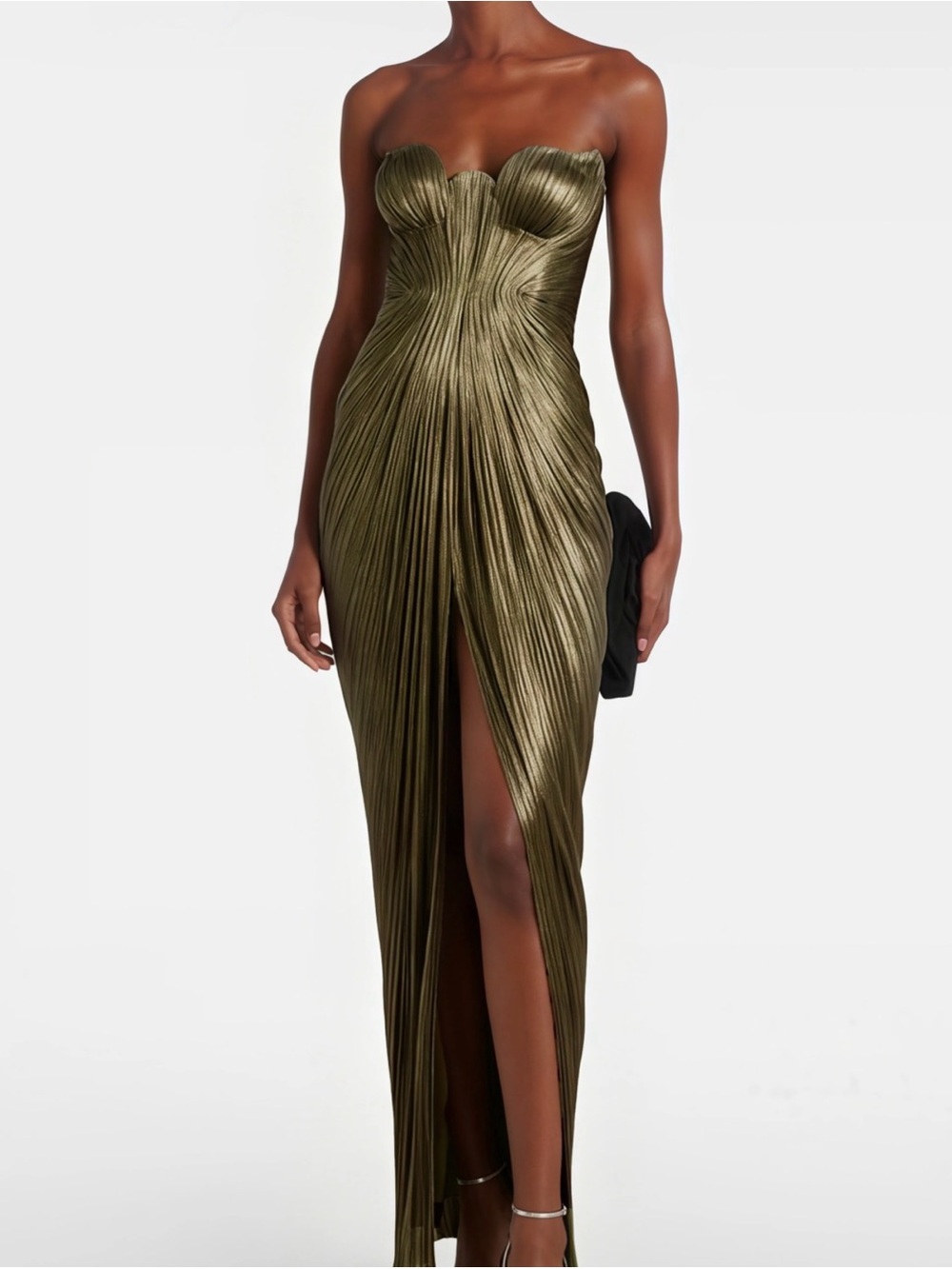Xrystyna Gold Metallic Ruched Maxi Dress